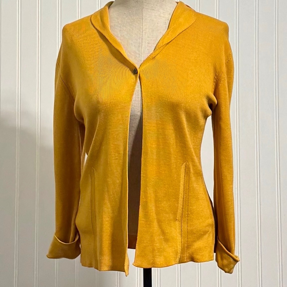 DORFIT Mustard Yellow 100% Silk Cardigan Sweater Ribbed Knit Retro Minimalist M